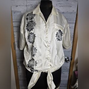 Vintage Cream Button Front Blouse Shirt with Black Floral Design